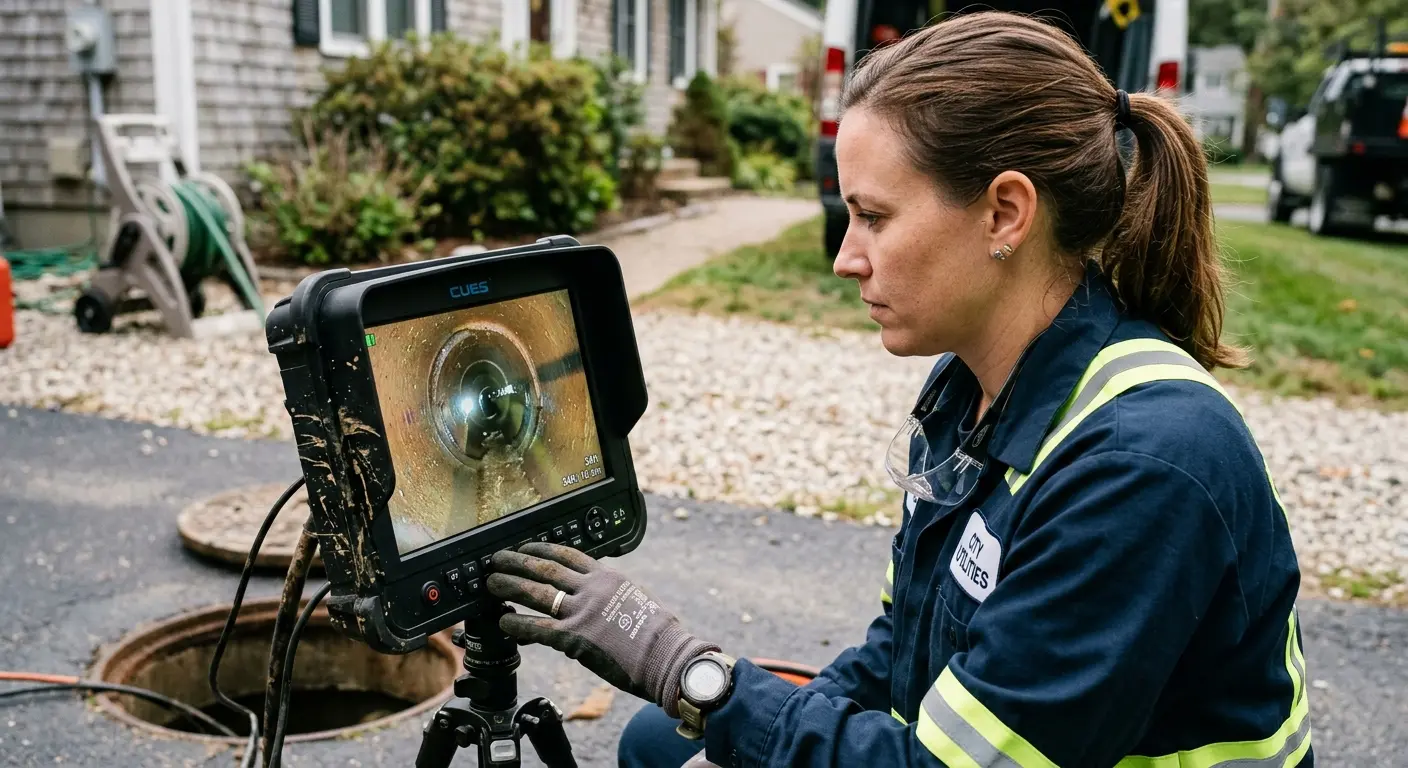 Technician reviewing sewer camera inspection footage in Long View