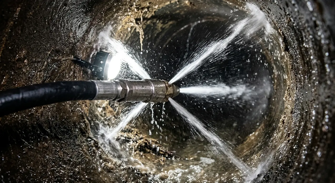 High-pressure hydro jetting nozzle cleaning sewer pipe for Emergency Drain Service in Long View