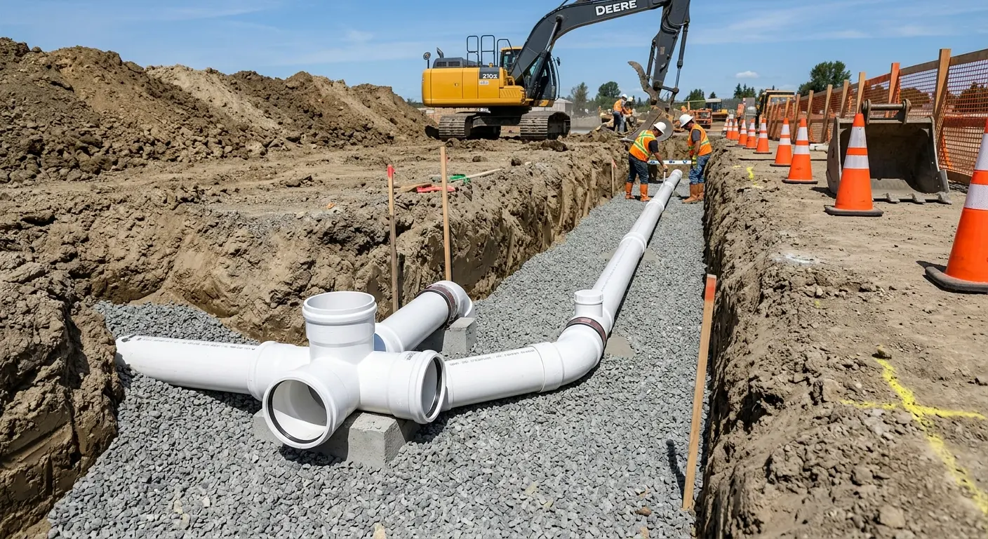New PVC sewer pipe installation in open trench for Sewer Backup in Long View