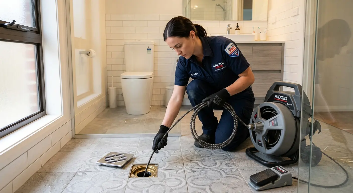 Technician clearing a bathroom floor drain for Drain Cleaning in Long View